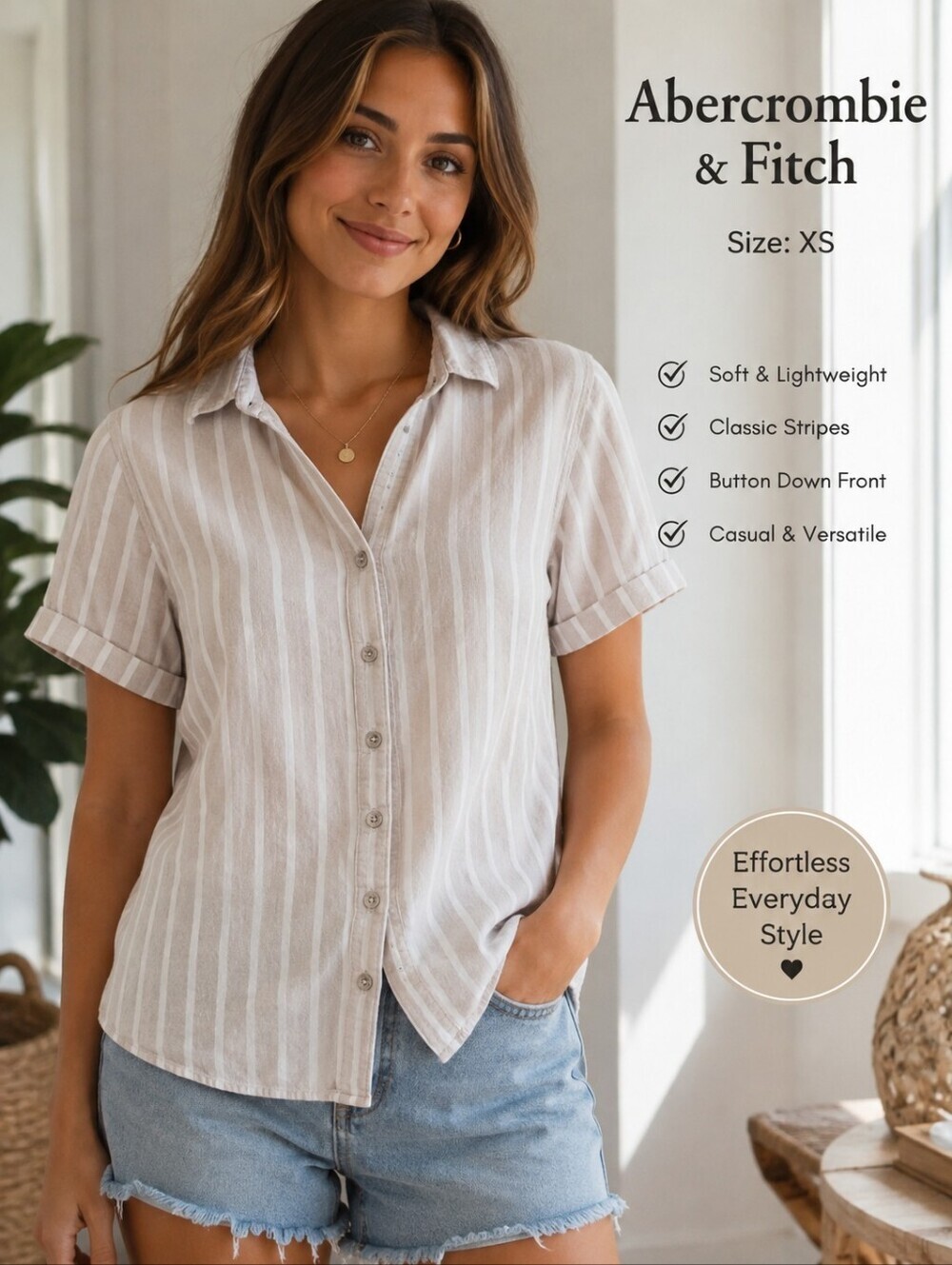 Abercrombie & Fitch Women's Beige and White Striped Button-Down Shirt